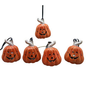 Pier 1 Imports Halloween Ornament Glitter Pumpkin Metal Bell Lot of 5